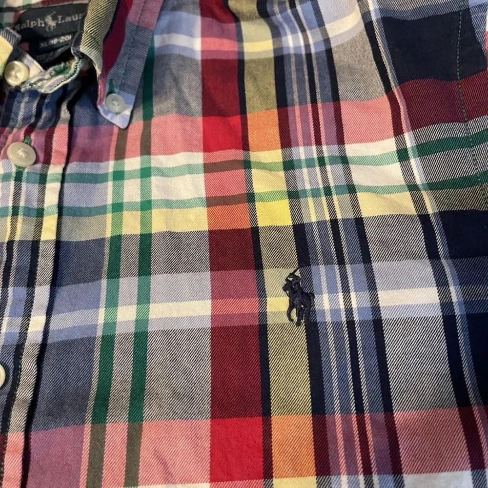 Ralph Lauren Plaid Shirt Boys XL (18-20) Blue Red Short Sleeve Button Down